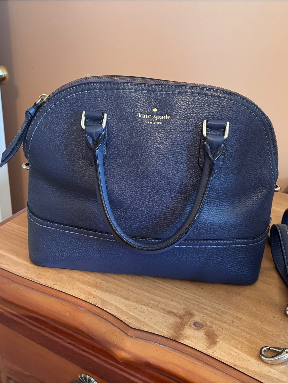 kate spade blue Pebbled Leather Dome Satchel with Gold Logo